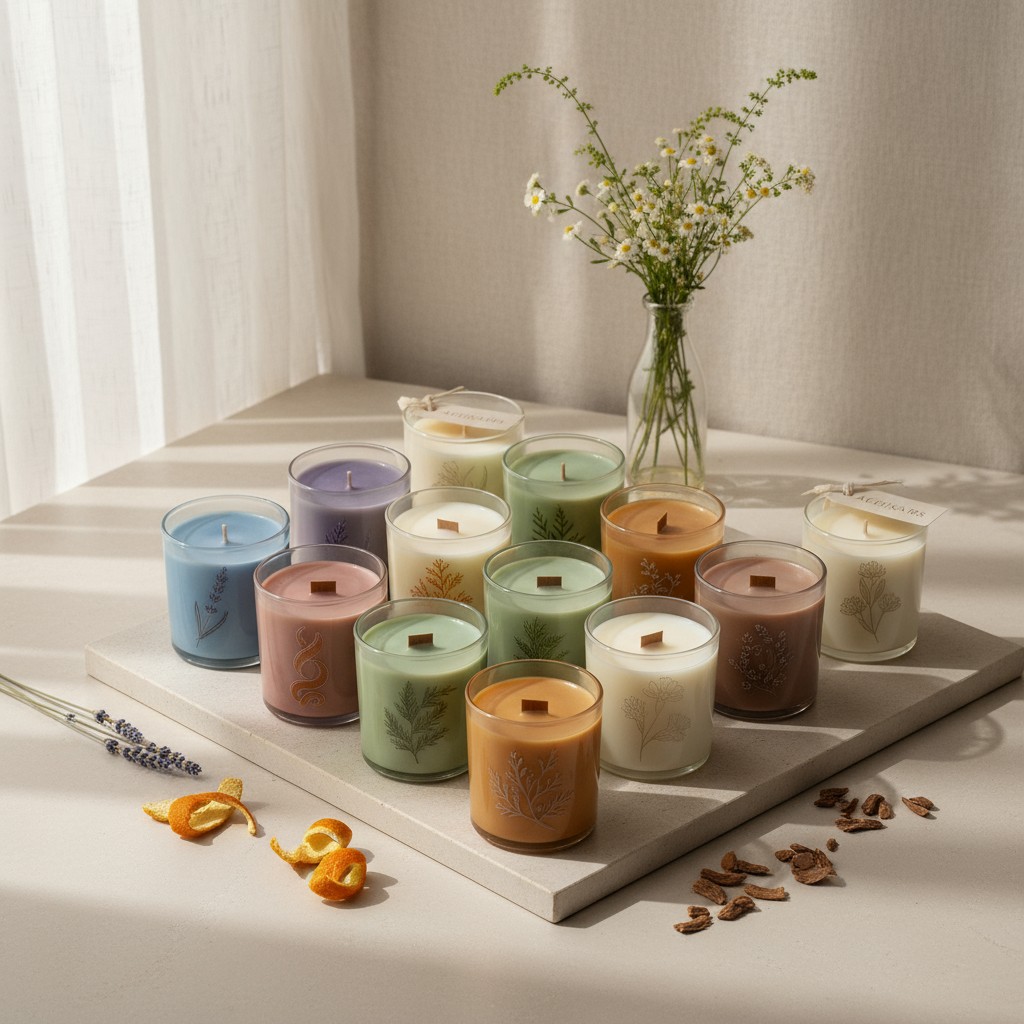 Dutch alt text: 32FB788BA2F36CBCFAE8B38398B32F70 Candle collection surrounded by lavender and dried orange blossom flowers...